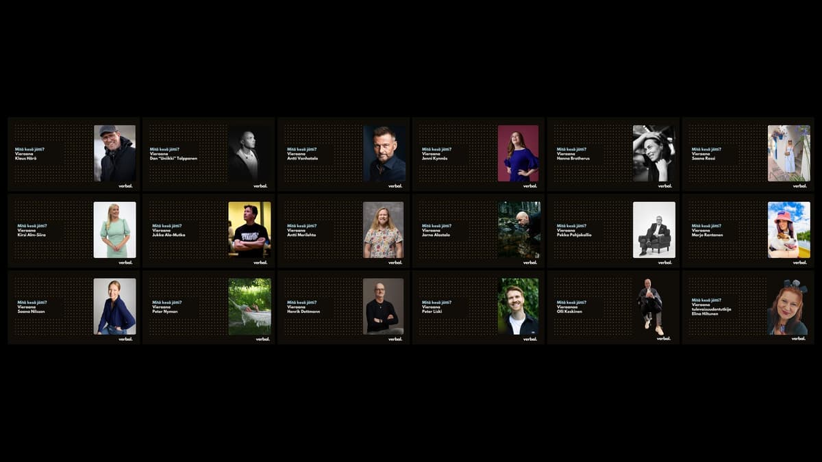 Mitä kesä jätti -sarjan 18 puhujaa ja juontajaa: Klaus Härö, Dan Tolppanen, Antti Vanhatalo, Jenni Kynnös, Hanna Brotherus, Saana Rossi, Kirsi Alm-Siira, Jukka Ala-Mutka, Antti Merilehto, Jarno Alastalo, Pekka Pohjakallio, Marjo Rantanen, Saana Nilsson, Peter Nyman, Henrik Dettmann, Peter Liski, Olli Keskinen ja Elina Hiltunen